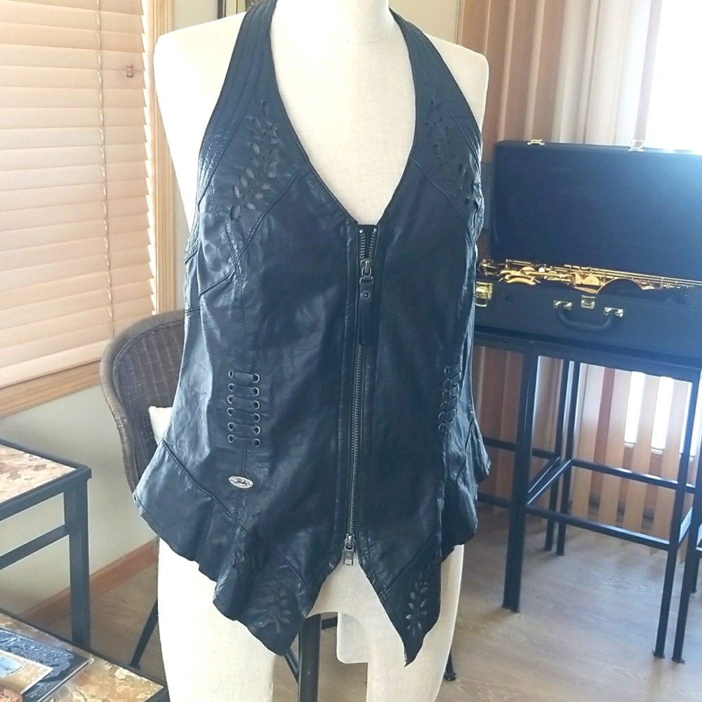 NWT Exquisite Medium Harley Davidson Black Leather Women's Halter Vest